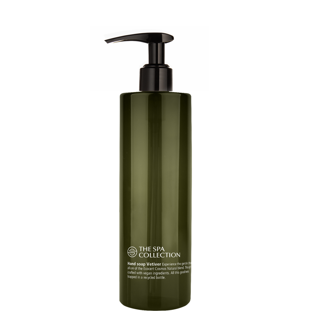 Hand soap in 400ml recycled bottle | The Spa Collection Vetiver | Ecocert Cosmos Natural | Green Key approved in case of 24