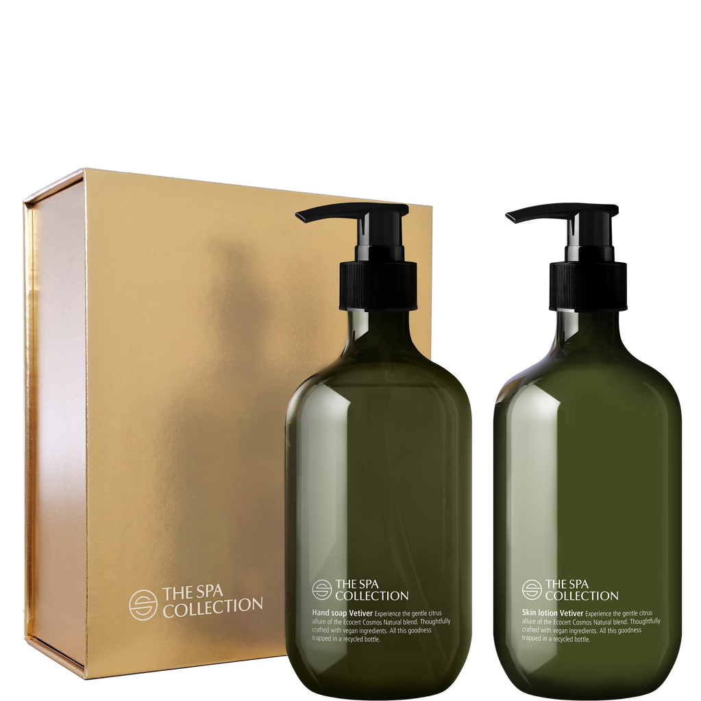 Luxury giftbox | Hand soap & skin lotion | 2 x 475ml recycled bottle | The Spa Collection Vetiver | Ecocert Cosmos Natural in case of 10