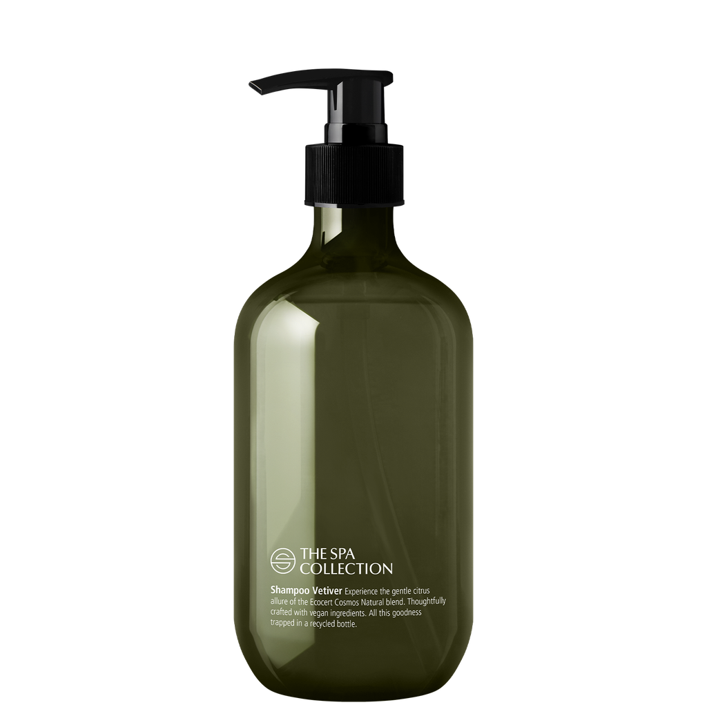 Shampoo in 475ml recycled bottle | The Spa Collection Vetiver | Ecocert Cosmos Natural | Green Key approved in case of 24
